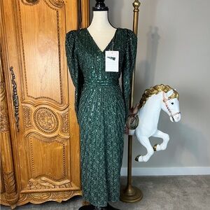 NEW Mac Duggal 93676 Bead Lace Long Sleeve Midi Dress Emerald Holiday Wicked